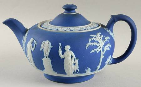 Cream Color on Wedgwood Blue Jasperware Small Teapot & Lid