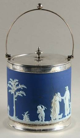 Cream Color on Wedgwood Blue Jasperware Biscuit Barrel & Lid