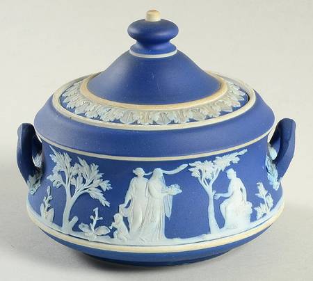 Cream Color on Wedgwood Blue Jasperware Sugar Bowl & Lid