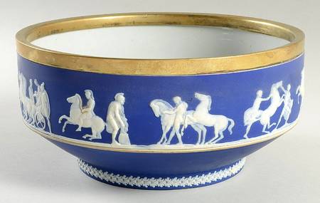 Cream Color on Wedgwood Blue Jasperware 9" Serving Bowl w/Metal Rim