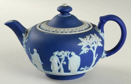 Cream Color on Wedgwood Blue Jasperware Individual Teapot & Lid