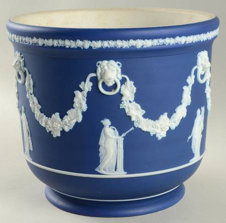 Cream Color on Wedgwood Blue Jasperware #317 7" Jardiniere