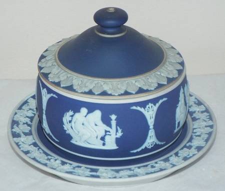 Cream Color on Wedgwood Blue Jasperware Covered Butter Lugger & Underplate