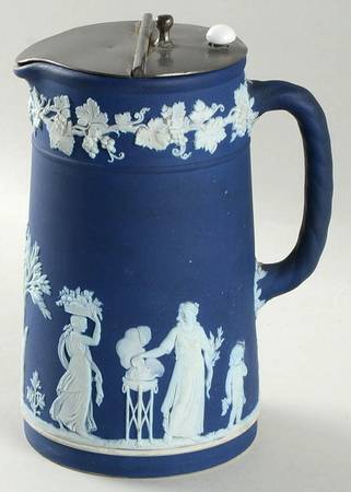 Cream Color on Wedgwood Blue Jasperware 22 Oz Trojan Jug with Metal Lid