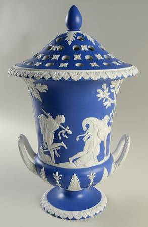 Cream Color on Wedgwood Blue Jasperware 15" Campana Vase & Pierced Lid