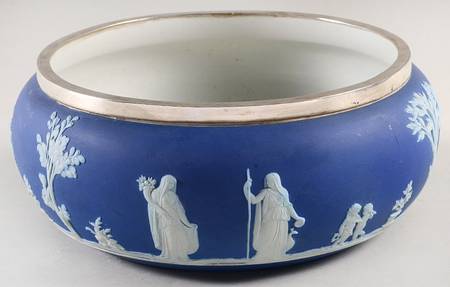 Cream Color on Wedgwood Blue Jasperware 8" Round Bowl with Sterling Rim