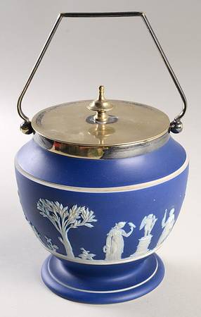 Cream Color on Wedgwood Blue Jasperware Biscuit Barrel & Lid