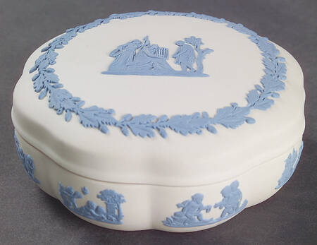Lavender (Pale Blue) on Cream Color Jasperware Large Scalloped Candy Box & Lid
