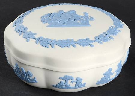 Lavender (Pale Blue) on Cream Color Jasperware Large Scalloped Candy Box & Lid