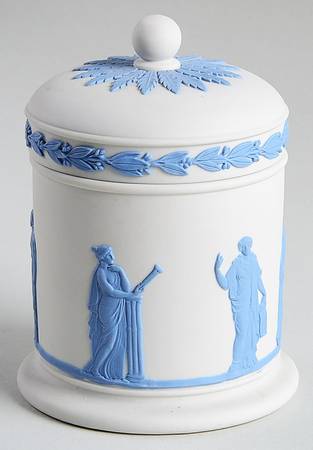 Lavender (Pale Blue) on Cream Color Jasperware Cigarette Jar & Lid