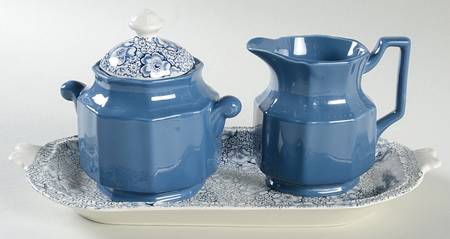 Kensington Chintz Blue Creamer & Sugar with Lid & Tray Set