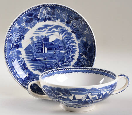 Landscape Dark Blue (No Trim) Footed Cream Soup Bowl & Saucer Set