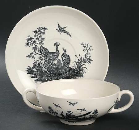 Liverpool Birds Black (No Trim) Flat Cream Soup Bowl & Saucer Set