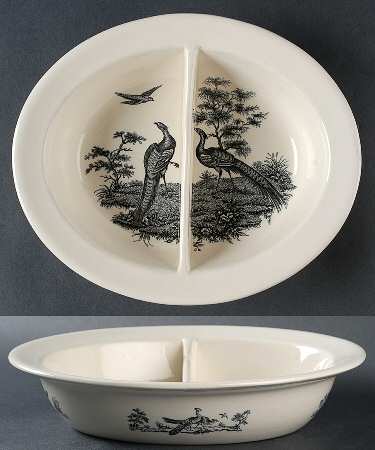 Liverpool Birds Black (No Trim) 10" Oval Divided Vegetable Bowl