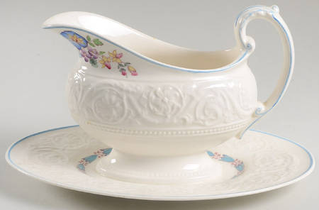 Morning Glory (Blue Trim) Gravy Boat with Attached Underplate