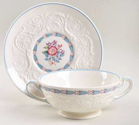 Morning Glory (Blue Trim) Footed Cream Soup Bowl & Saucer Set