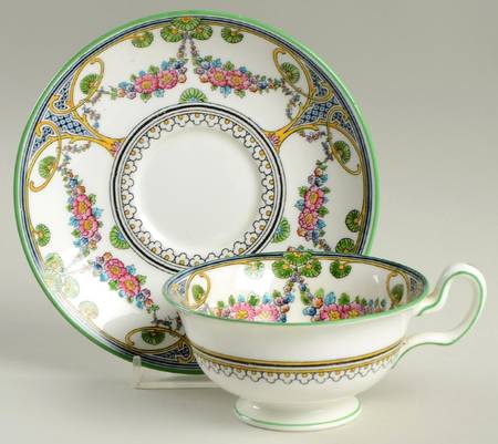 Montreal (No Floral Center, Green Trim) Footed Cup & Saucer Set