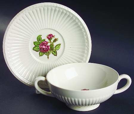 Moss Rose (Older, Brown Backstamp) Footed Cream Soup Bowl & Saucer Set