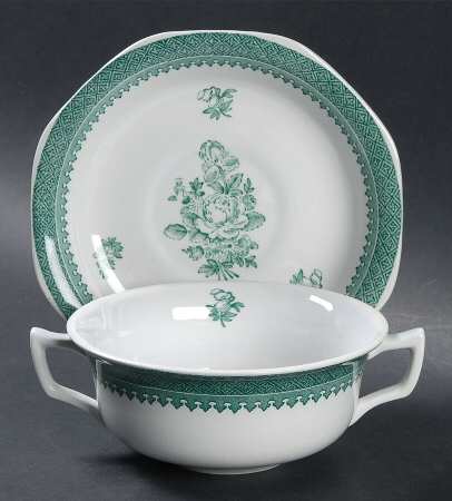 Mount Vernon Green Flat Cream Soup Bowl & Saucer Set