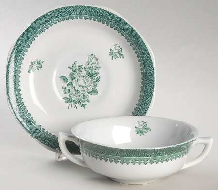 Mount Vernon Green Flat Cream Soup Bowl & Saucer Set