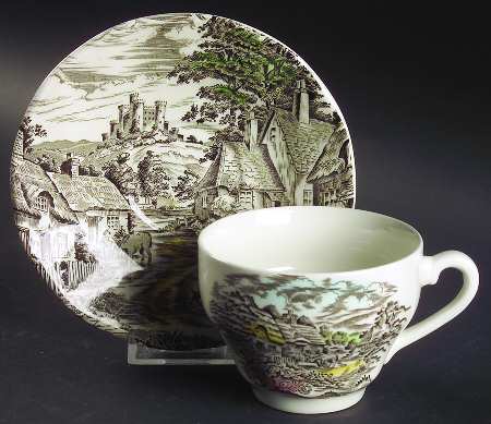 Old English Village Brown Multicolor Flat Cup & Saucer Set