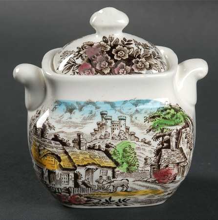 Old English Village Brown Multicolor Sugar Bowl & Lid