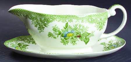 Oriental Pheasant Green Gravy Boat with Attached Underplate