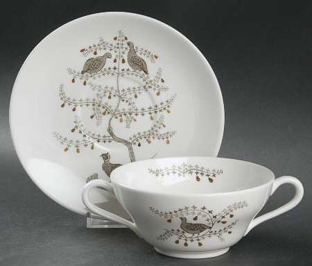 Partridge In A Pear Tree Footed Cream Soup Bowl & Saucer Set