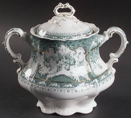 Phoebe Blue Green (Gold Accents, No Trim) Oversize Sugar Bowl & Lid