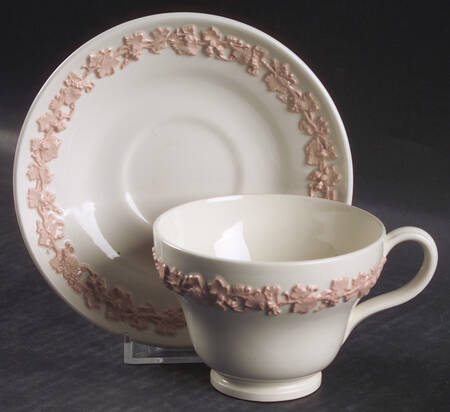 Pink On Cream Color (Plain edge) Footed Cup & Saucer Set