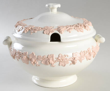 Pink On Cream Color (Plain edge) Tureen &  Lid