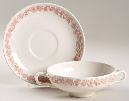 Pink On Cream Color (Plain edge) Flat Cream Soup Bowl & Saucer Set
