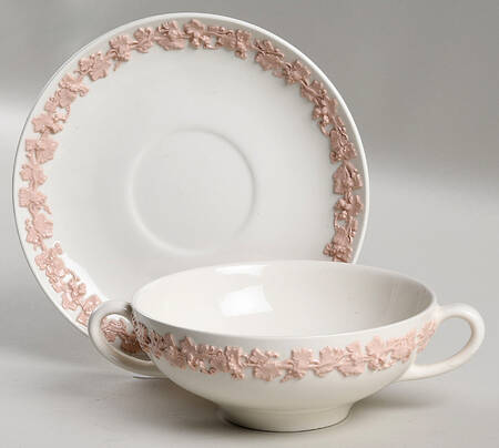 Pink On Cream Color (Plain edge) Flat Cream Soup Bowl & Saucer Set