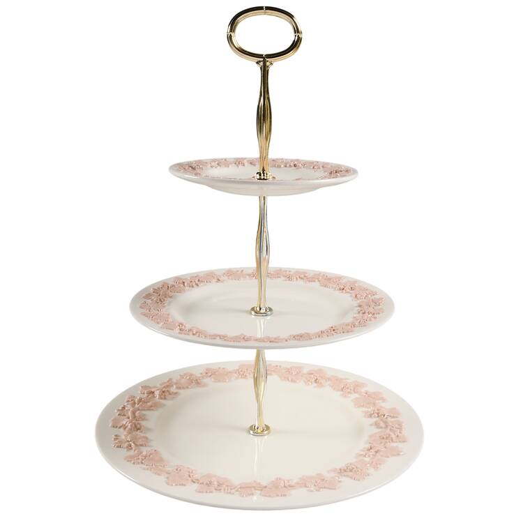 Pink On Cream Color (Plain edge) 13 7/8"-14 1/4" 3-Tiered Serving Tray(DP,SP,BB) HC