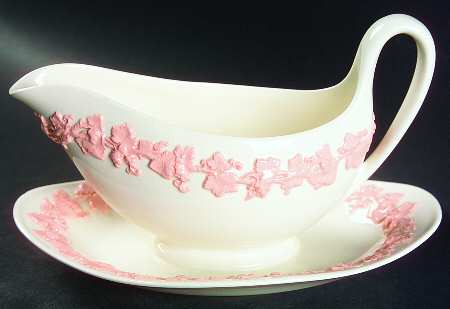 Pink On Cream Color (Plain edge) Gravy Boat with Attached Underplate