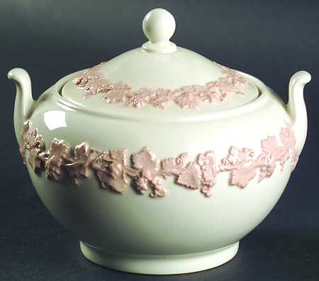 Pink On Cream Color (Plain edge) Sugar Bowl & Lid