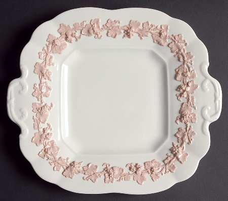 Pink On Cream Color (Plain edge) Square Handled Cake Plate
