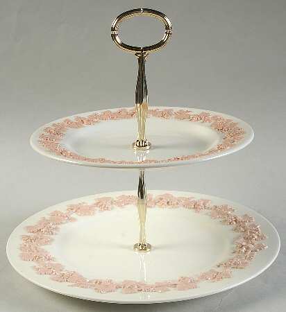 Pink On Cream Color (Plain edge) 6 5/8"-10"  2 Tiered Serving Tray (Dp, Sp) HC