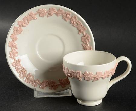 Pink On Cream Color (Plain edge) Footed Demitasse Cup & Saucer Set
