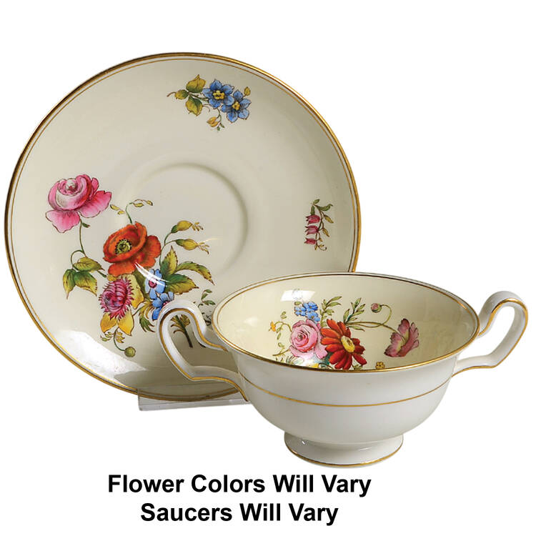 Posy Sprays White Rim Footed Cream Soup Bowl & Saucer Set