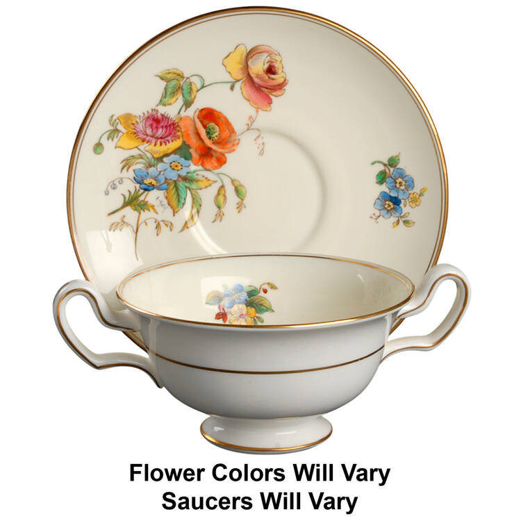 Posy Sprays White Rim Footed Cream Soup Bowl & Saucer Set