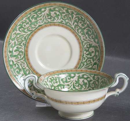 Praze Green (No Floral Center) Footed Bouillon Cup & Saucer
