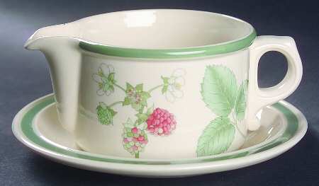 Raspberry Cane (Green Band Off Edge) Gravy Boat & Underplate