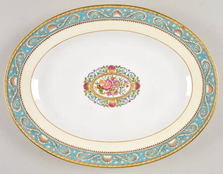 Runnymede Turquoise (Brown Shells, Floral Center) 11" Oval Serving Platter