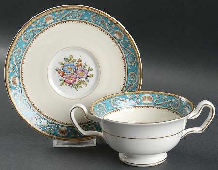 Runnymede Turquoise (Brown Shells, Floral Center) Footed Cream Soup Bowl & Saucer Set