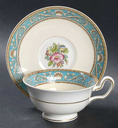 Runnymede Turquoise (Brown Shells, Floral Center) Footed Cup & Saucer Set