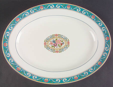 Runnymede Turquoise (Pink Shells, Floral Center) 17" Oval Serving Platter