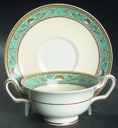 Runnymede Turquoise (Brown Shells, No Center) Footed Cream Soup Bowl & Saucer Set by Wedgwood