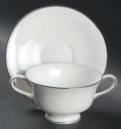 Silver Ermine (R4452, Contour Shape) Footed Cream Soup Bowl & Saucer Set by Wedgwood