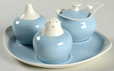 Summer Sky Blue and White (Barlaston Shape) Salt & Pepper, Mustard with Lid & Tray